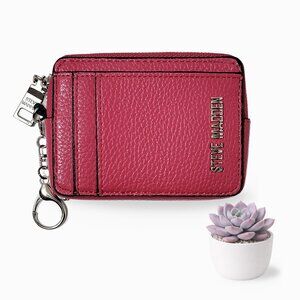 Steve Madden Pink Leather Zip Card Holder ID Wallet Keychain